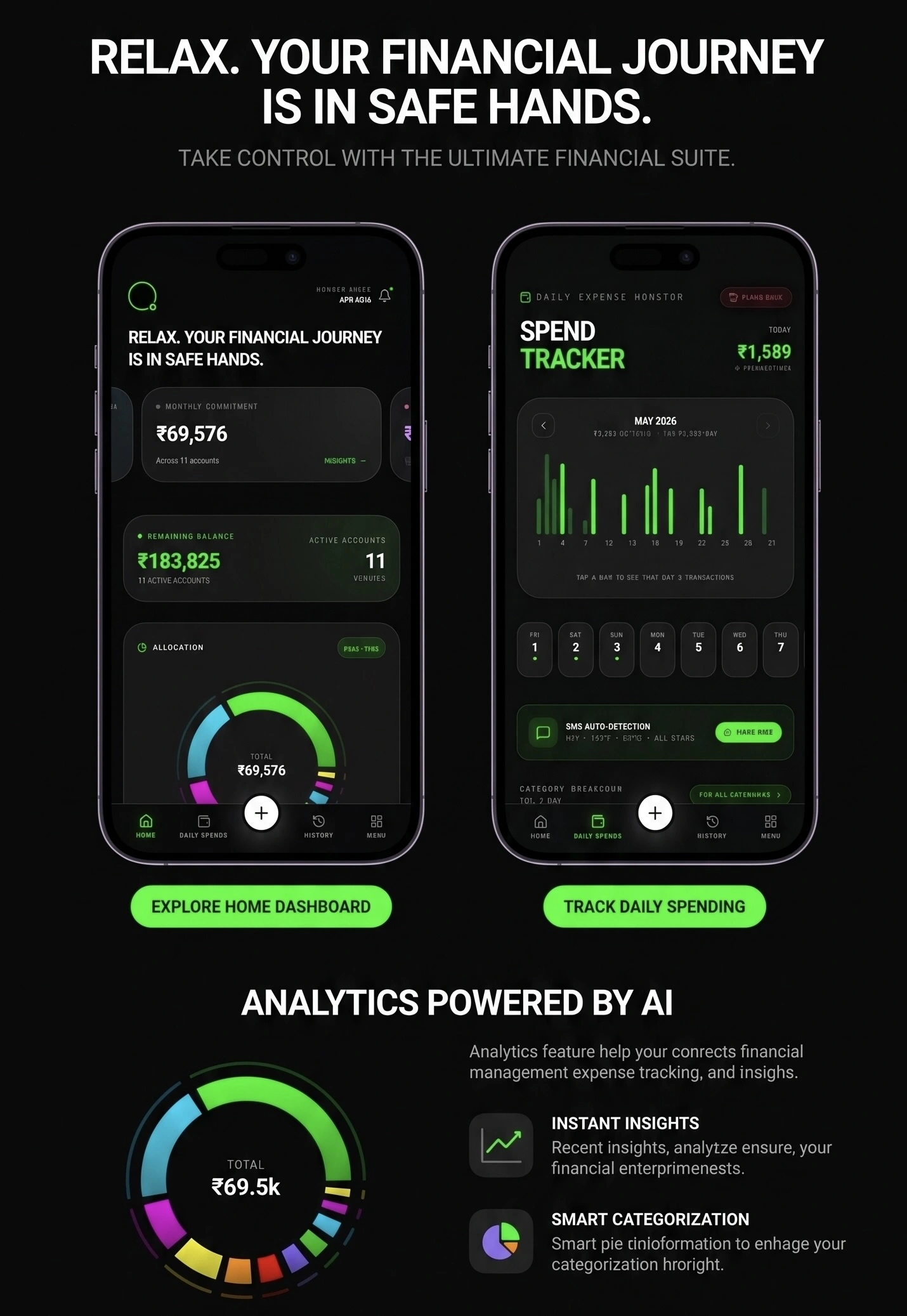 EMiR App Interface showing pure secured daily spend tracking and EMI management on Android